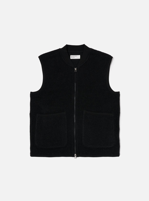 BLACK WOOL FLEECE ZIP WAISTCOAT / UNIVERSAL WORKS