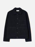 Veste uniforme Universal Works en polaire de laine bleu marine avec col, boutons et poches.