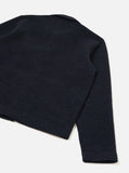Veste uniforme Universal Works en laine bouillit  bleu marine avec col, boutons et poches. Veste à plat vue de dos