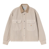 Veste chemise Carhartt WIP Prescott string/beige avec col en velours côtelé marron et poches poitrine boutonnées.