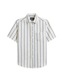 Chemise homme Portuguese Flannel Piquet Stripe Bleue à manches courtes, rayures verticales bleues et tissu piqué.