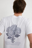 T-shirt Essentiel Hortensia Blanc LATER..., vue de dos. Impression graphique grise d'hortensias et texte descriptif.