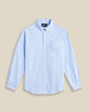 Chemise ATLANTICO à rayures bleu en seersucker – Portuguese Flannel. Coupe droite, tissu gaufré respirant, parfaite pour l'été. Disponible chez SEE YOU, concept store masculin à Versailles.