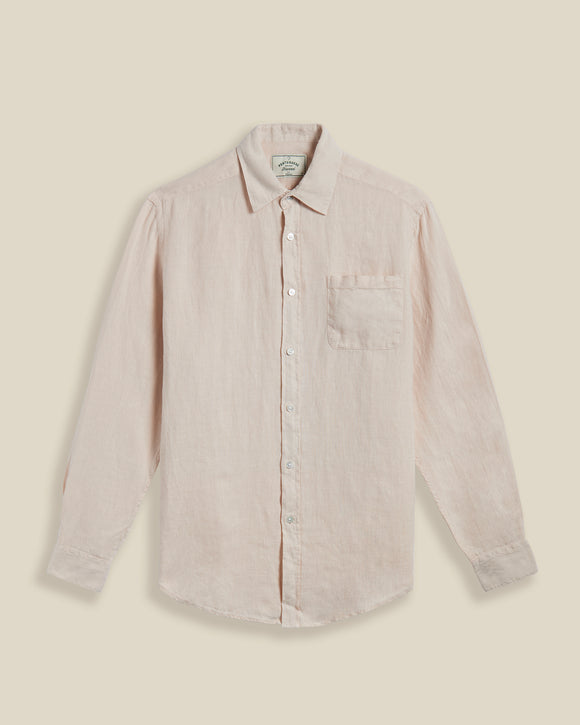 Chemise en lin beige à manches longues – modèle Raw de Portuguese Flannel. Coupe classique, col structuré et tissu léger. Élégance naturelle à découvrir chez SEE YOU, concept store homme à Versailles.
