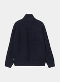 Banley Sweater Jacket Carhartt WIP bleu marine foncé, vue de dos, maille côtelée et col montant.
