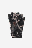 Gants polaire Carhartt WIP Blevin Camo, motif camouflage noir, gris et marron, compatibles écrans tactiles.