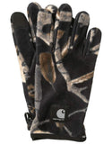 Gants polaire Carhartt WIP Blevin Camo avec motif camouflage marron-noir et doigt compatible écran tactile.