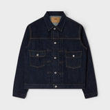 Veste en Jean Rincée Edwin, veste en denim indigo foncé avec coutures contrastées, col classique et boutons argentés.