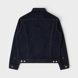Dos de la veste en jean rincée Edwin bleu foncé avec coutures contrastantes.