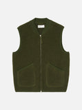 Gilet zippé en polaire de laine olive Universal Works avec deux poches avant, coupe classique.