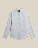 Chemise Montebelo Stripe bleu à rayures blanches, manches longues, col boutonné et poche poitrine, par Portuguese Flannel.